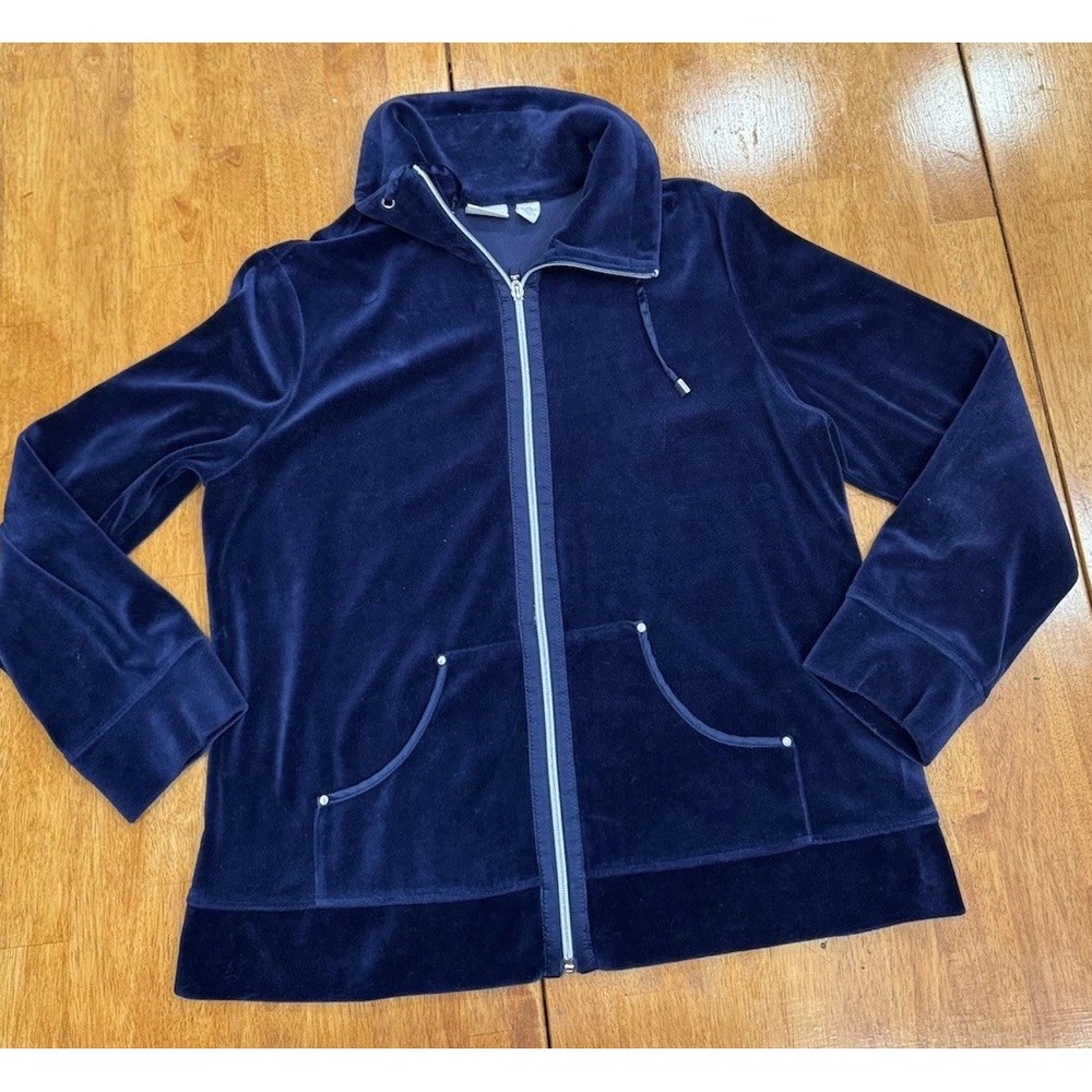 Chicos Zenergy Jacket Womens 2 (Large) Deep Navy Velour Cowl Neck Zip Up Bling